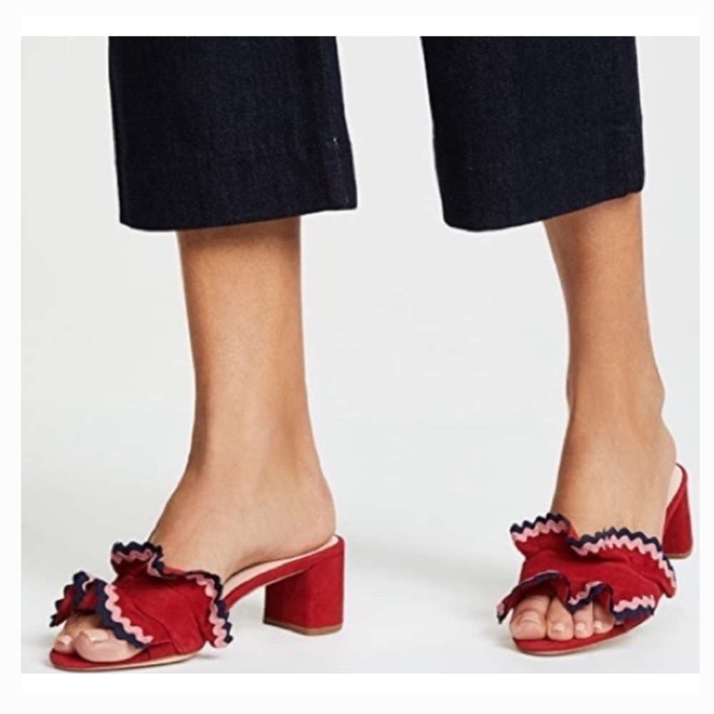 LOEFFLER RANDALL Vera City Red Suede Ruffle Slide Sandals - Picture 3 of 15